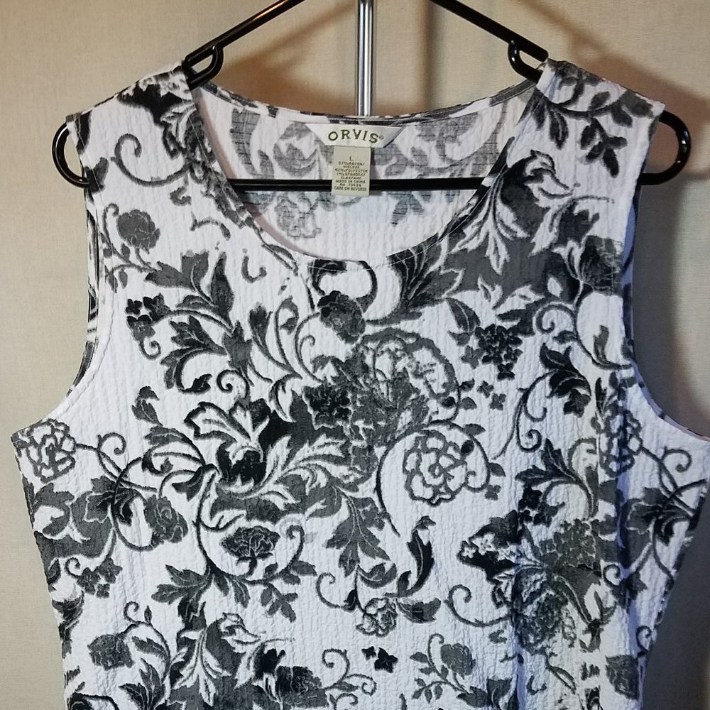 NWOT-Orvis Black, White, Gray Travel Shell ~ Tank ~ Sz Lg~ Stretch! Rayon Blend